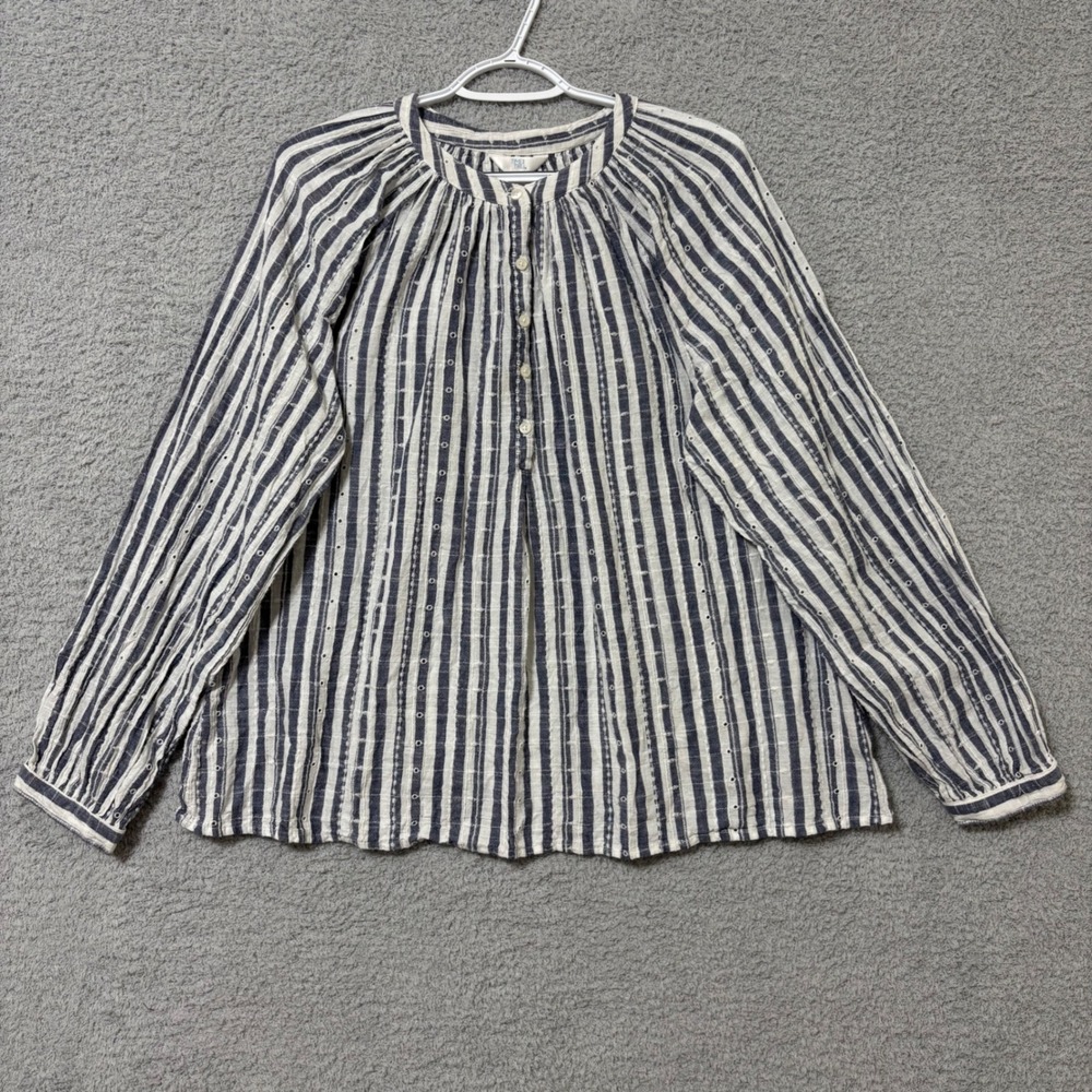 Cotton Gauze Stripe Peasant Blouse Eyelet Relaxed Boho Coastal Top XL
